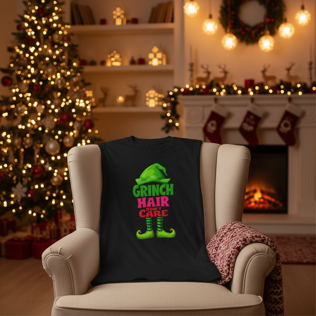 Black crew-neck T-shirt with Grinch Hair Don't Care front graphic
