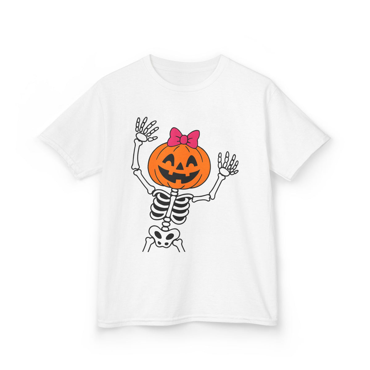 White kids Halloween skeleton pumpkin graphic T-shirt on hanger, crew neck short sleeves