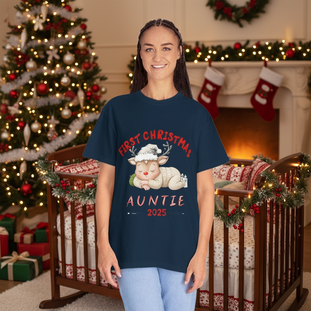 Navy Christmas t-shirt with cartoon reindeer and 'Auntie 2025' front print