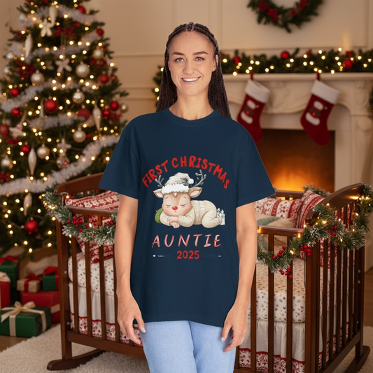 First Christmas Auntie 2025 T-Shirt — Cute Baby Reindeer Holiday Tee