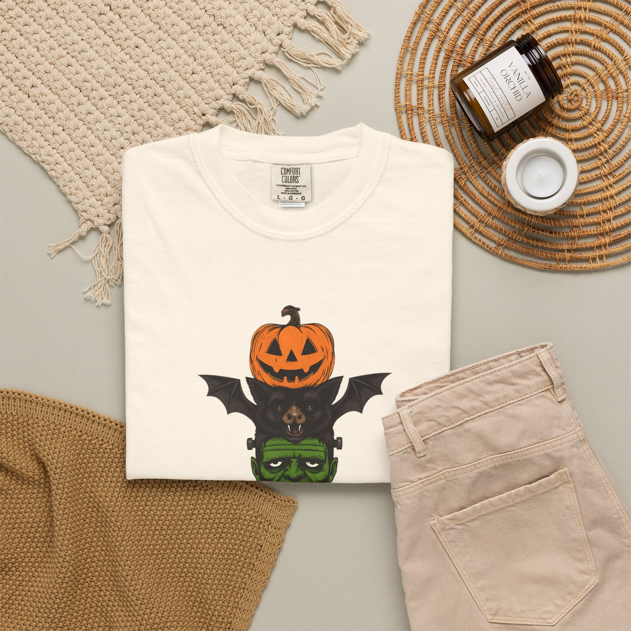 Halloween Totem Tee — Stacked Pumpkin, Bat, Frankenstein, Ghost & Prince of Darkness POP Graphic T-Shirt