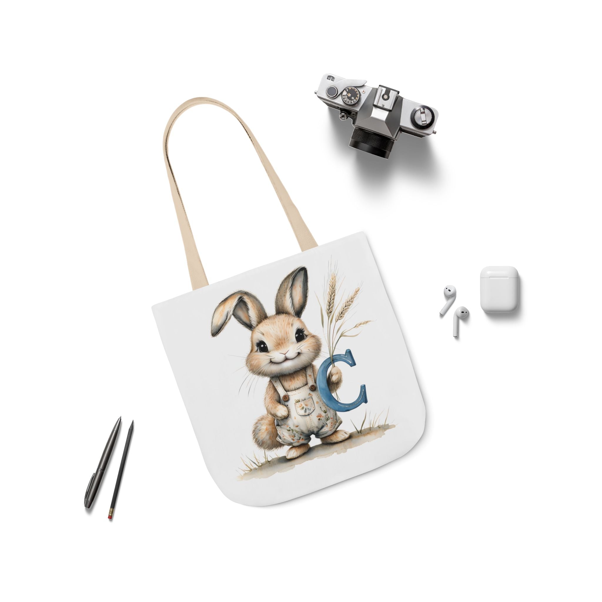 Adorable Letter C Bunny Canvas Tote Bag 5-Colour Straps, Cute Easter Gift, Eco-Friendly Shopper, Animal Lover's Accessory, Spring Decor