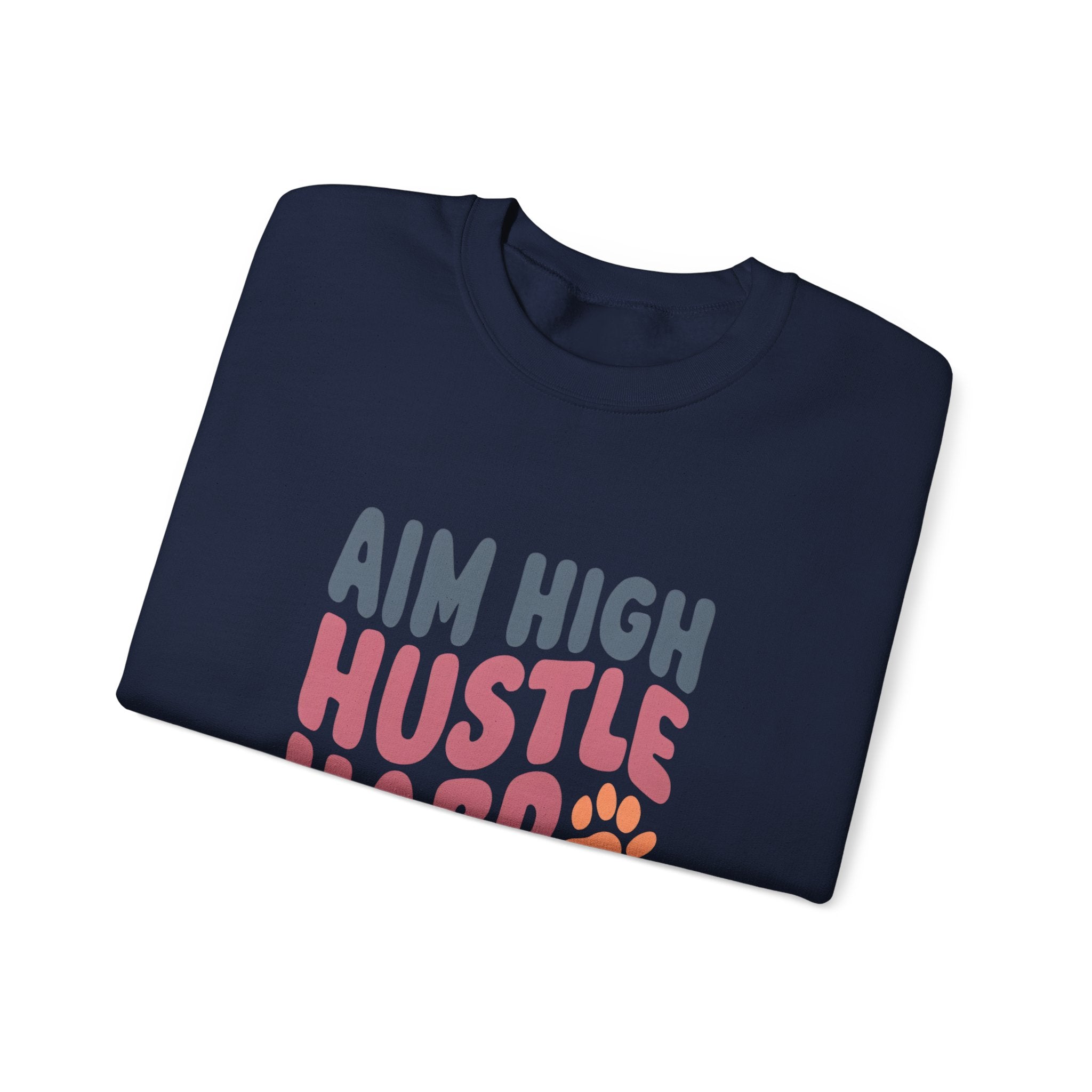 Unisex crewneck sweatshirt, navy, with multicolor “AIM HIGH” stacked graphic on front