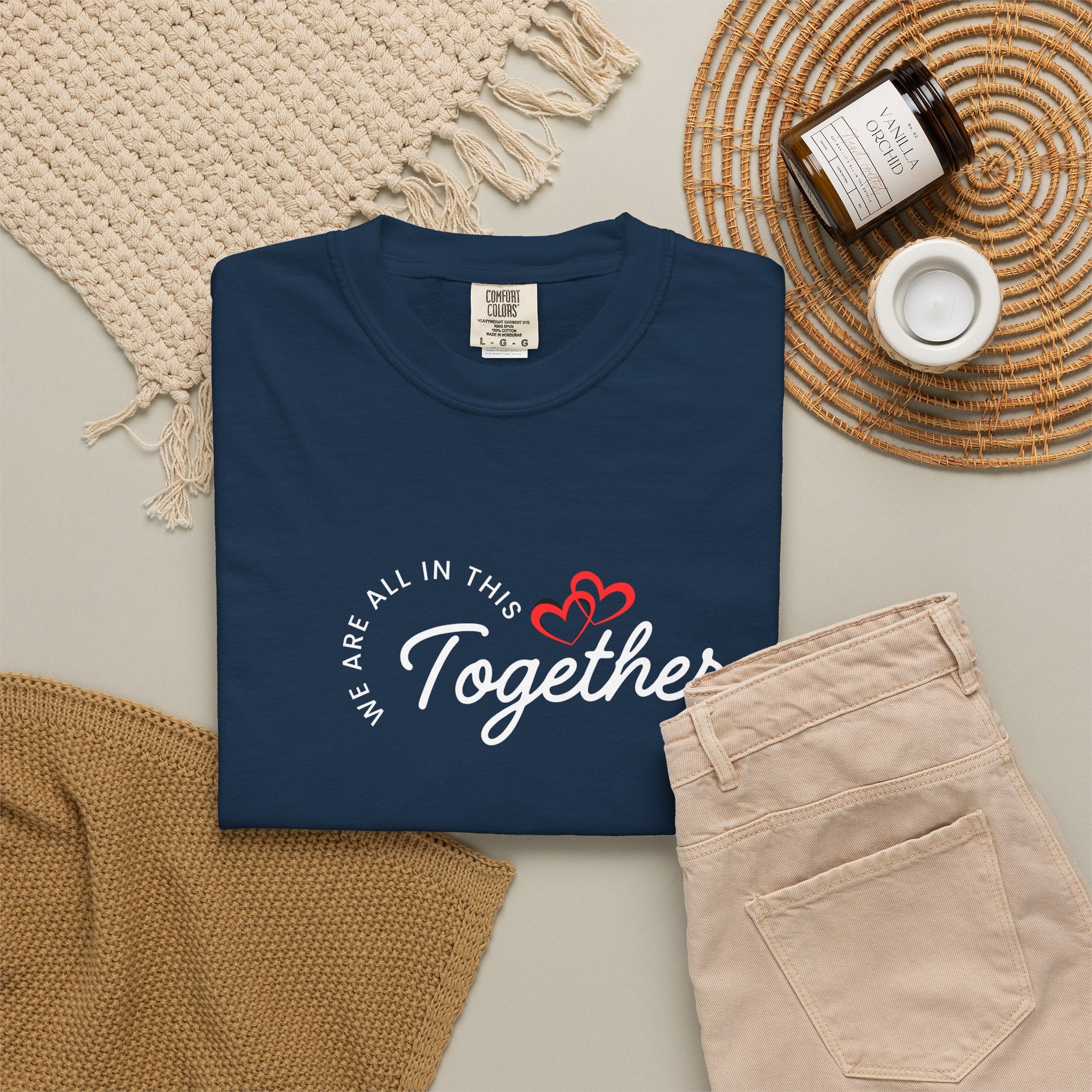 Unisex ONE Together Heart T-Shirt — "We Are All In This Together" Front Text, Australian Flag One Back Design