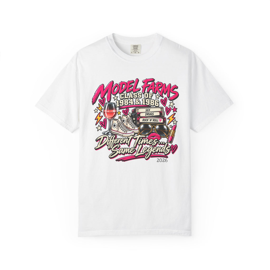 White crewneck T-shirt with colorful retro class graphic on the front