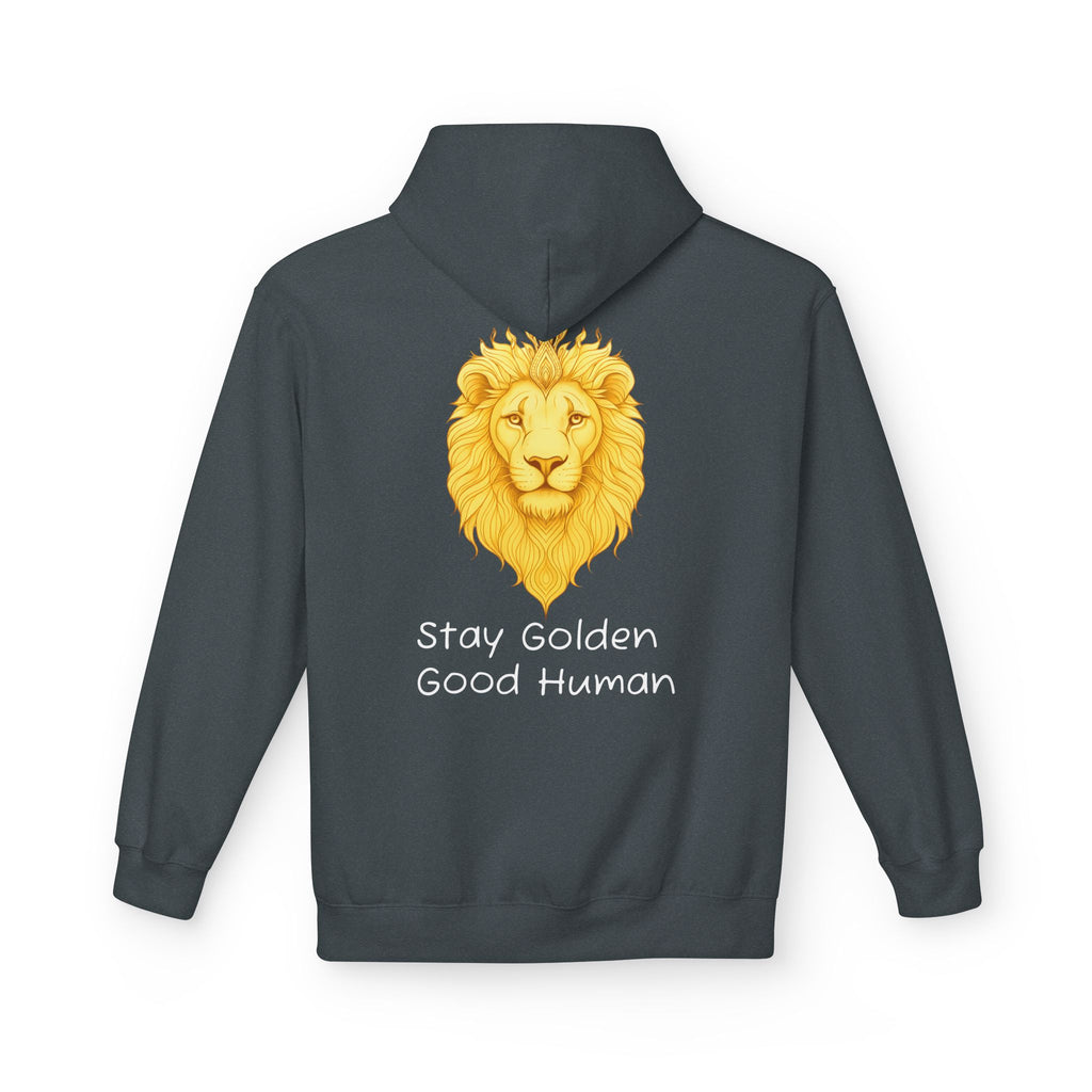 Unisex dark gray hoodie with golden lion graphic and “Stay Golden Good Human” on front