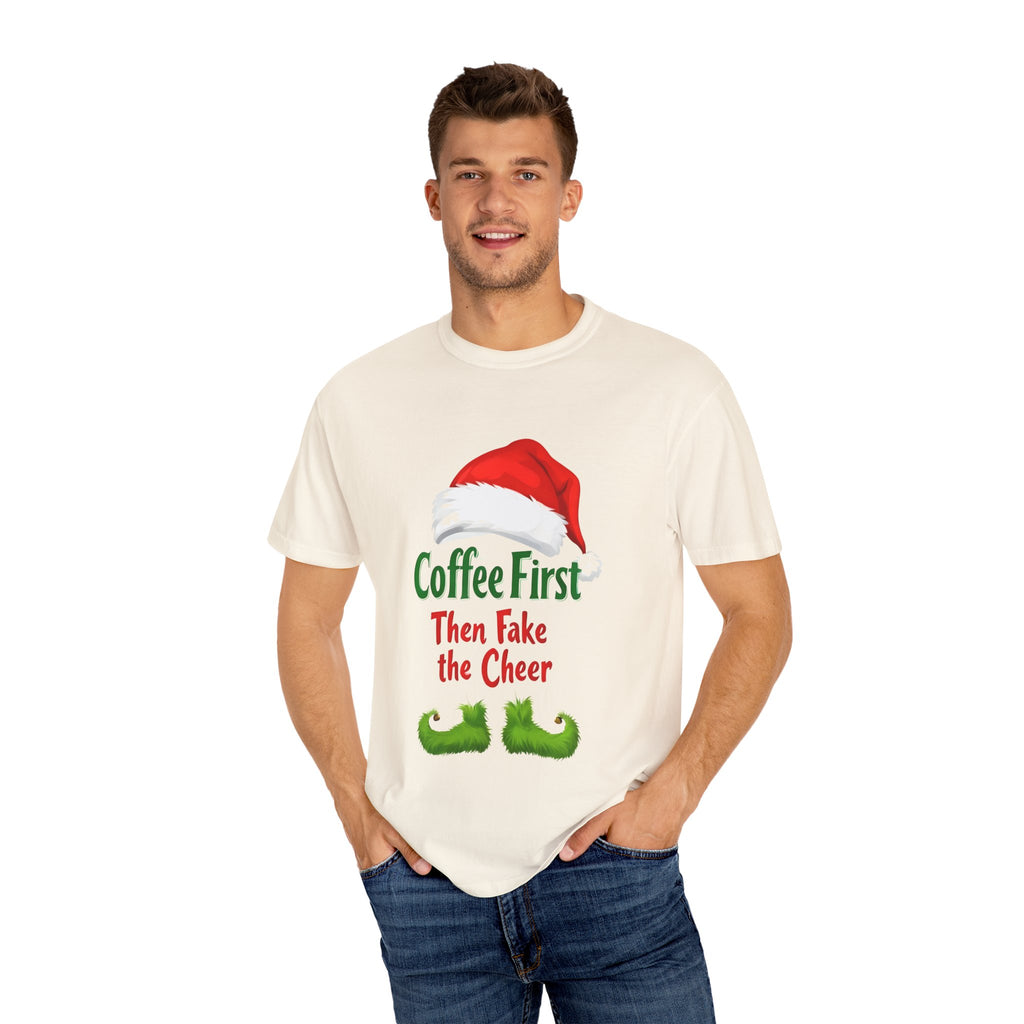 Ivory unisex Christmas T-shirt with Santa hat and Coffee First Then Fake the Cheer front print