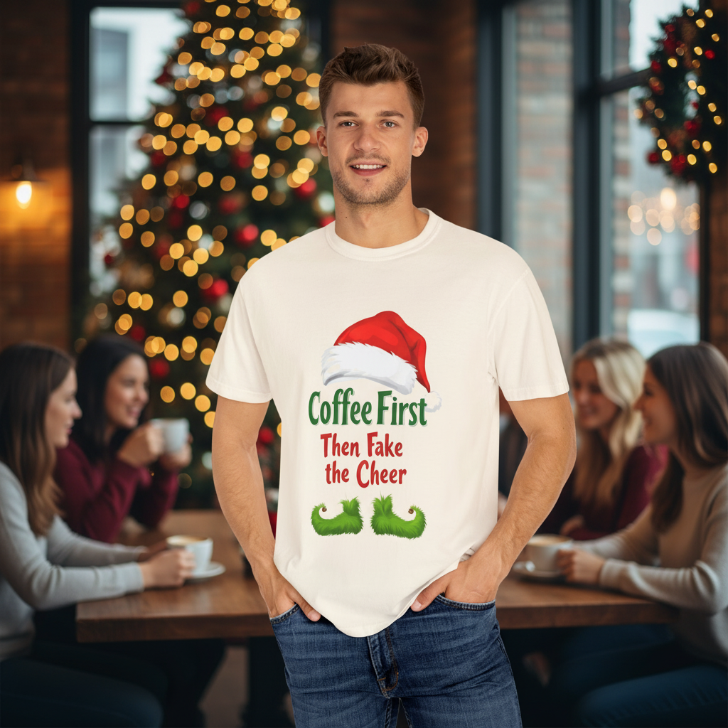 White unisex Christmas T-shirt with Santa hat graphic and Coffee First Then Fake the Cheer text