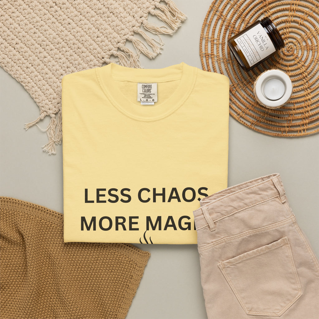 Less Chaos, More Magic T-Shirt — Cozy Coffee Cup Graphic Tee