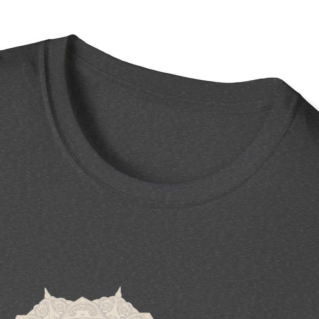 Dark gray crew-neck T-shirt neckline close-up.