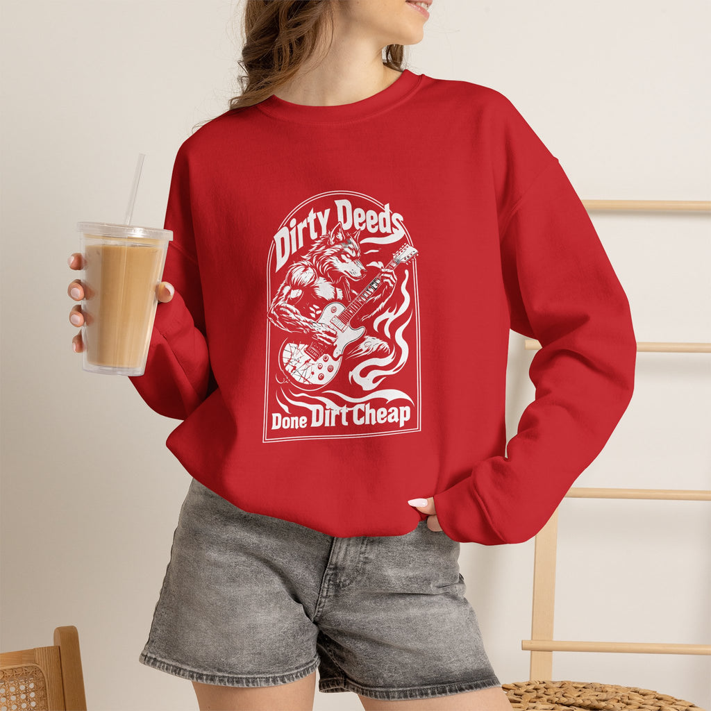 Crewneck Sweatshirt — 'Dirty Deeds Done Dirt Cheap' Retro Skull Graphic