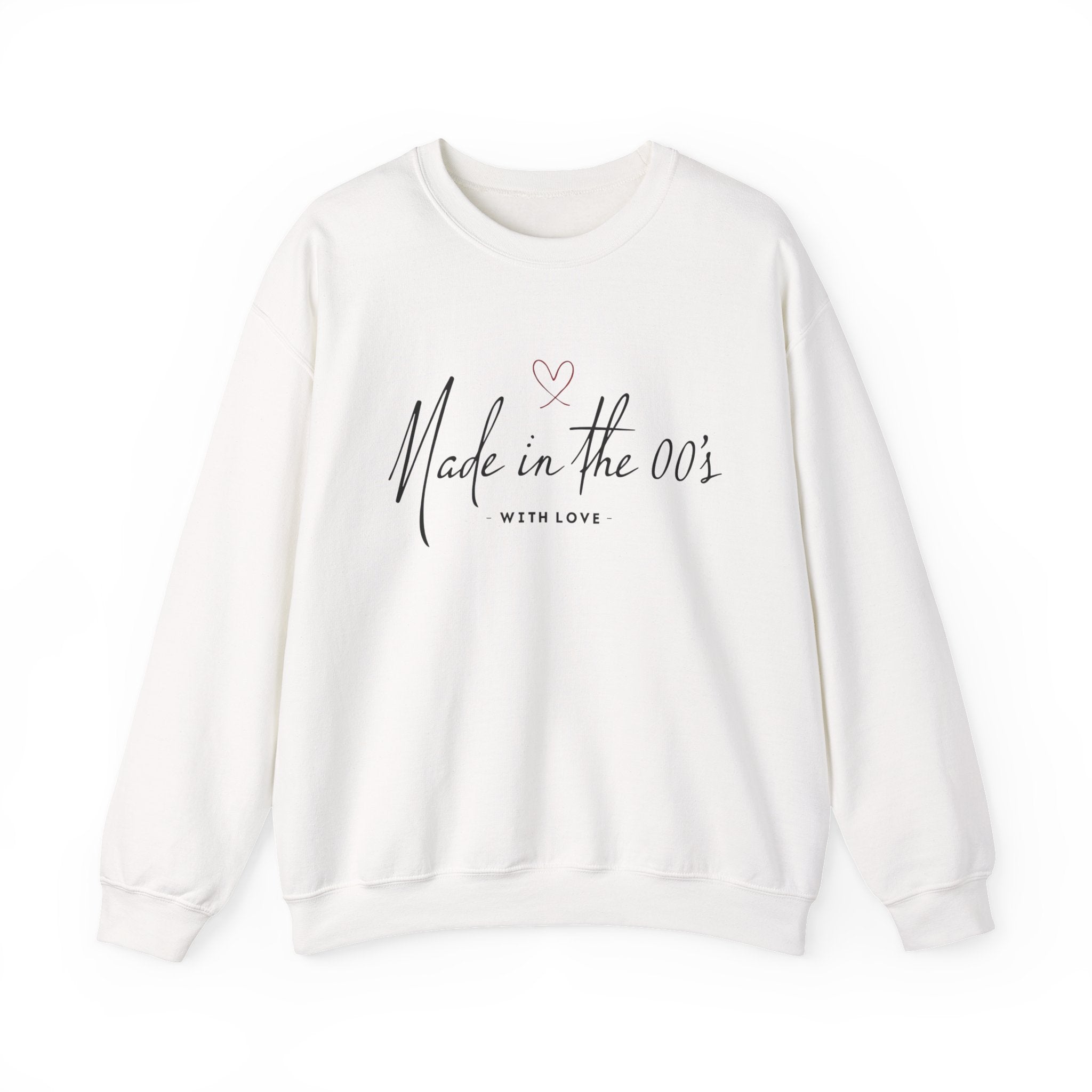 White unisex crewneck sweatshirt, long sleeves, pullover with front logo graphic.