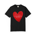 Black T-shirt with large red-pink brushstroke heart and small script graphic