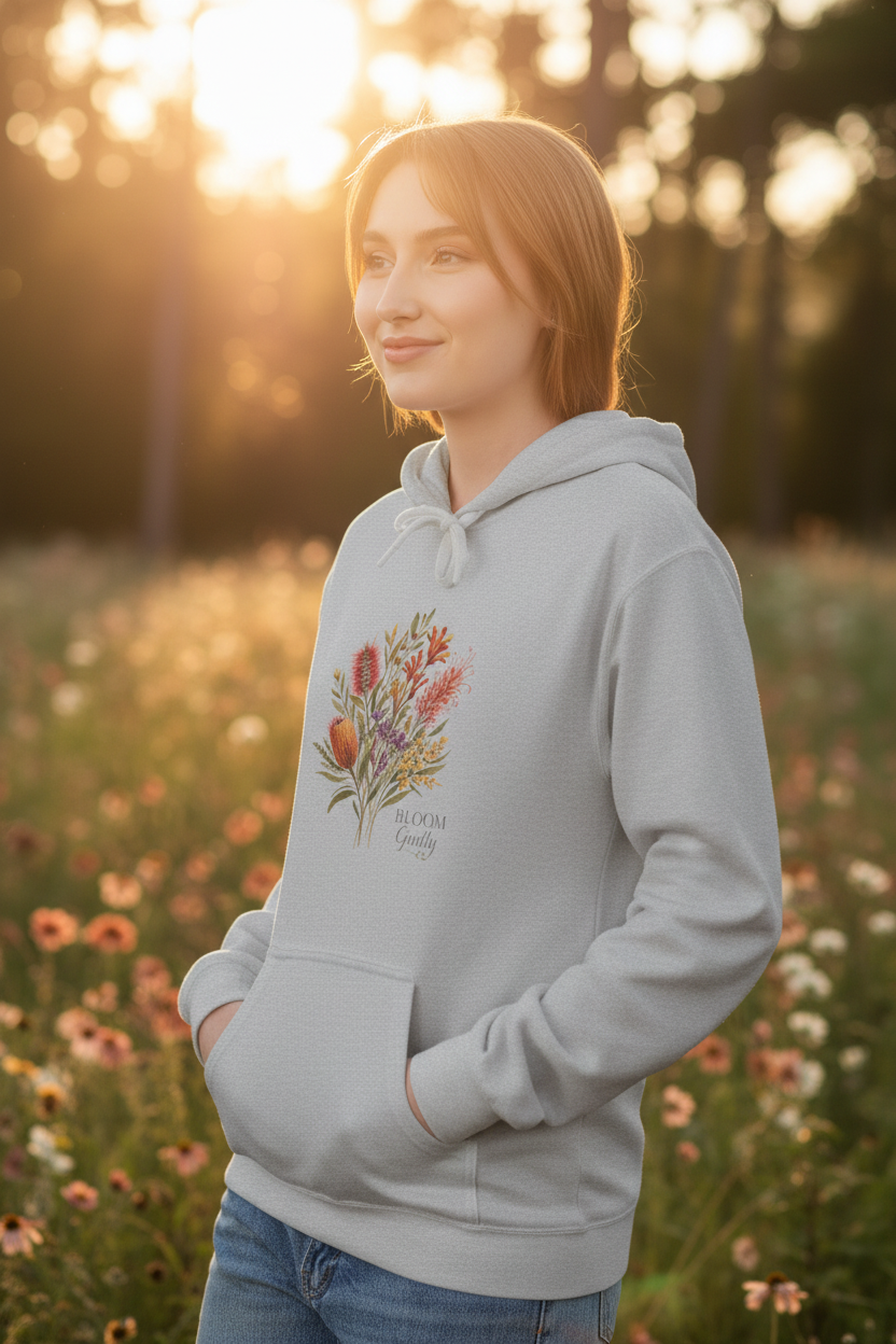 Floral harvest hoodie, light grey with autumn bouquet floral graphic and front pouch pocket