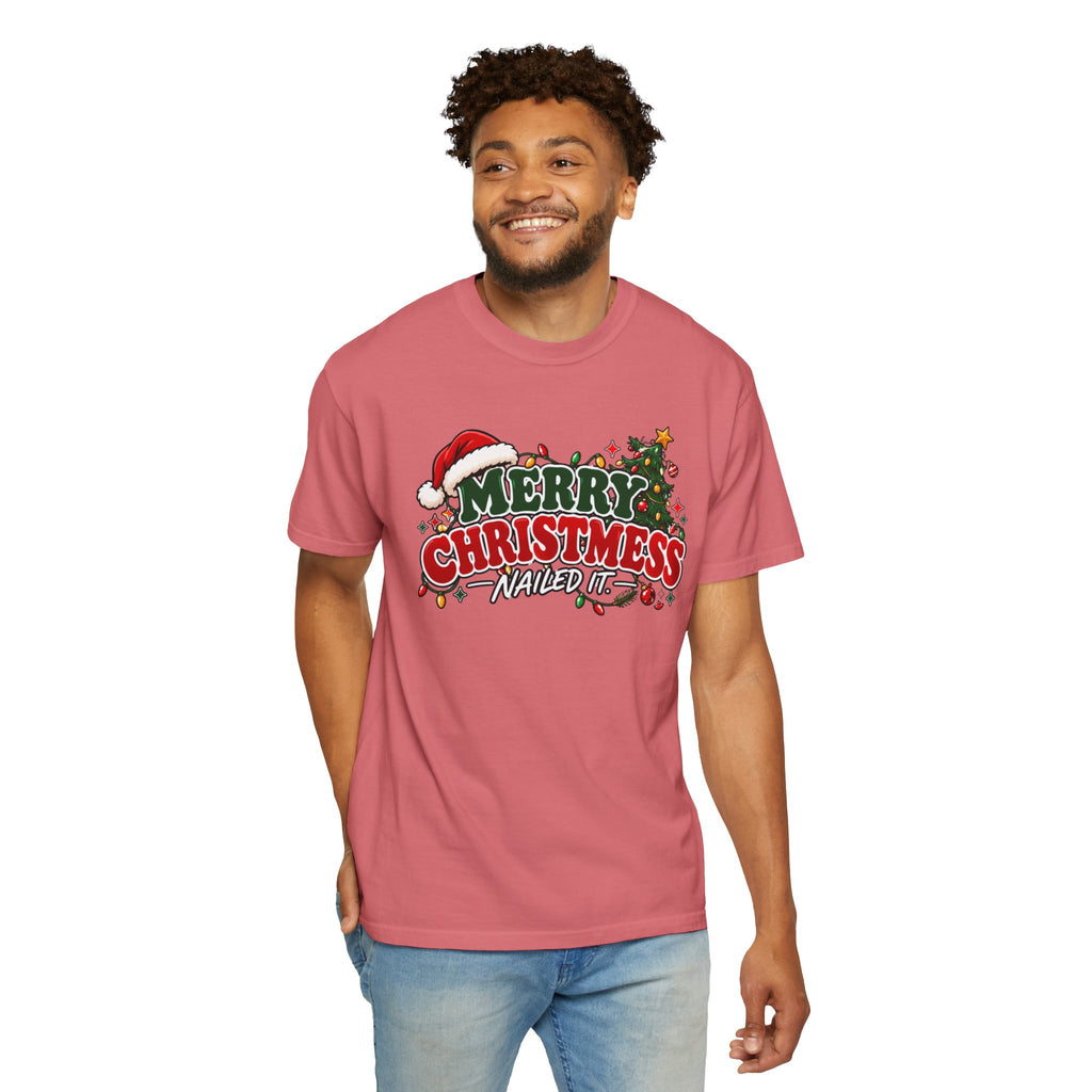 Rose pink crewneck Christmas graphic T-shirt on model, front 'Merry Christmas' print
