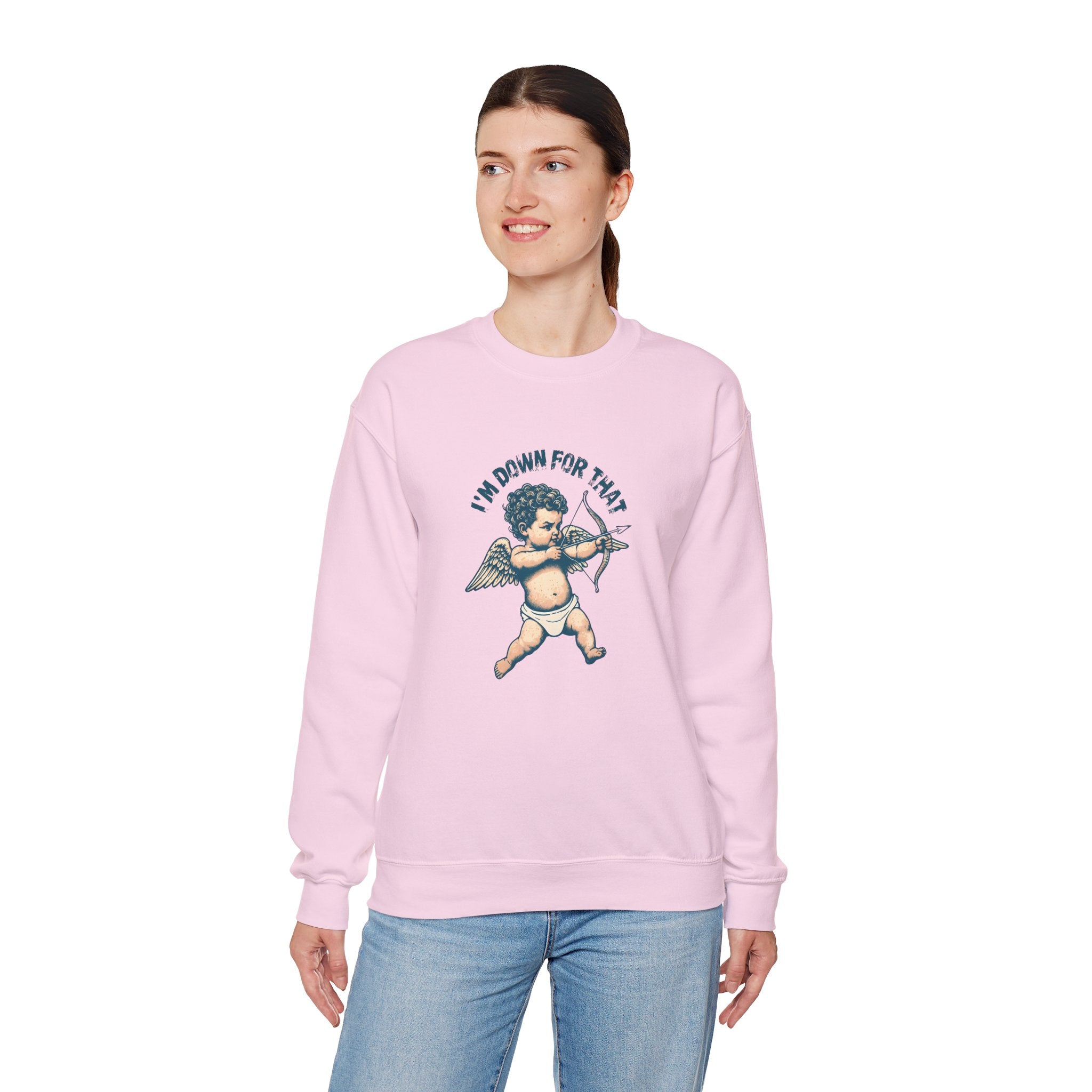 Cupid Graphic 'I'm Down For That' Crewneck Sweatshirt — Valentine's Day Love Tee