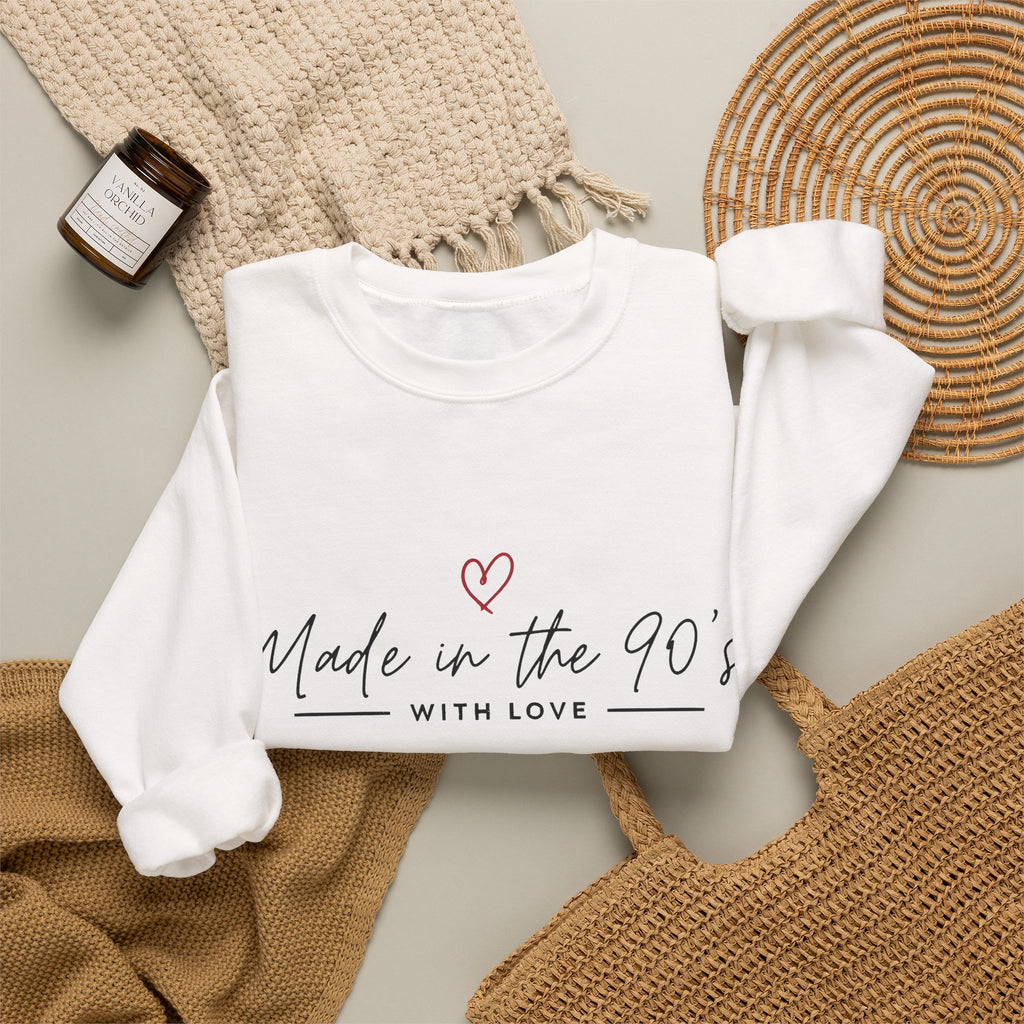 Crewneck Sweatshirt — "Made in the 90's" Retro Heart Graphic, Vintage Mom/90s Birthday Gift