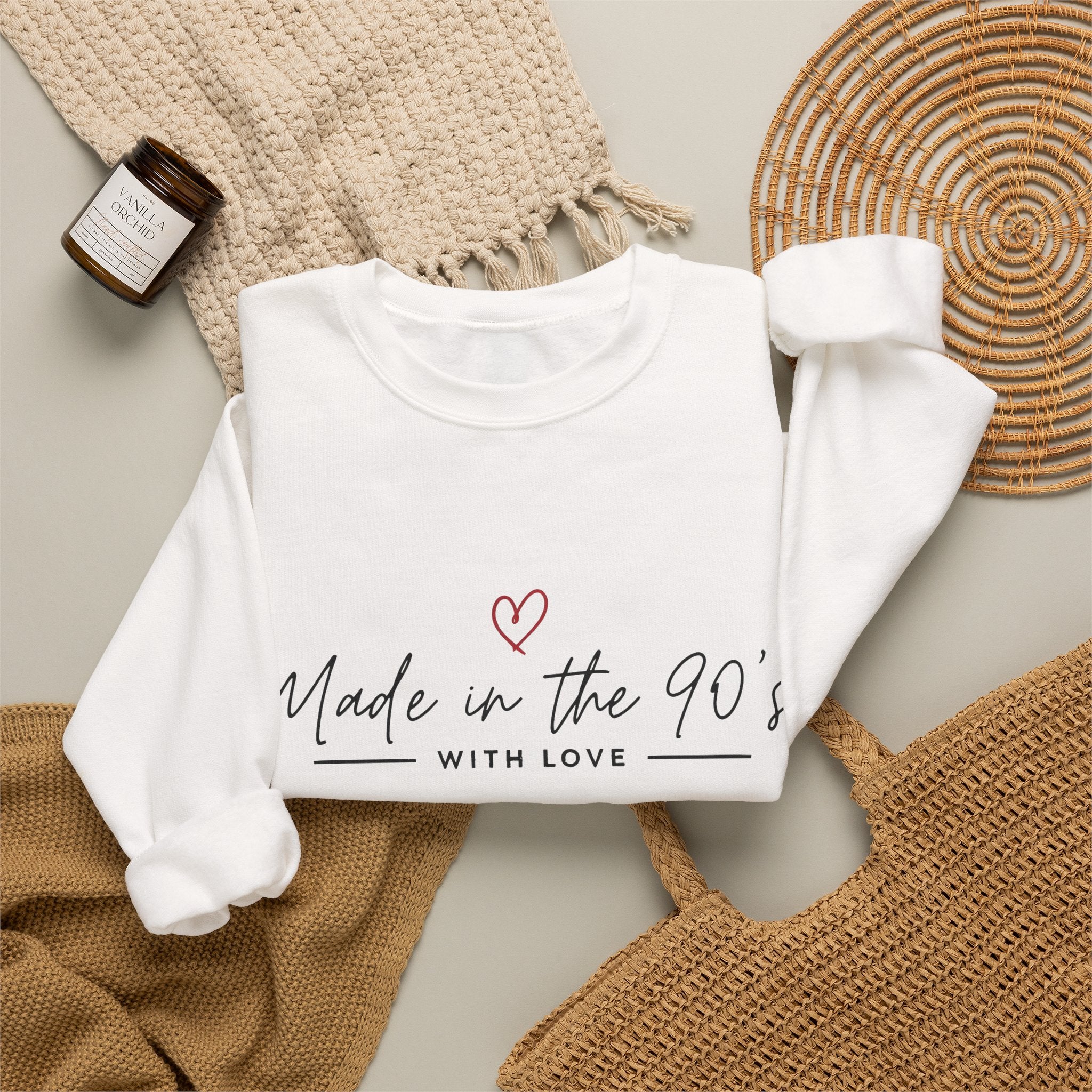 Crewneck Sweatshirt — "Made in the 90's" Retro Heart Graphic, Vintage Mom/90s Birthday Gift