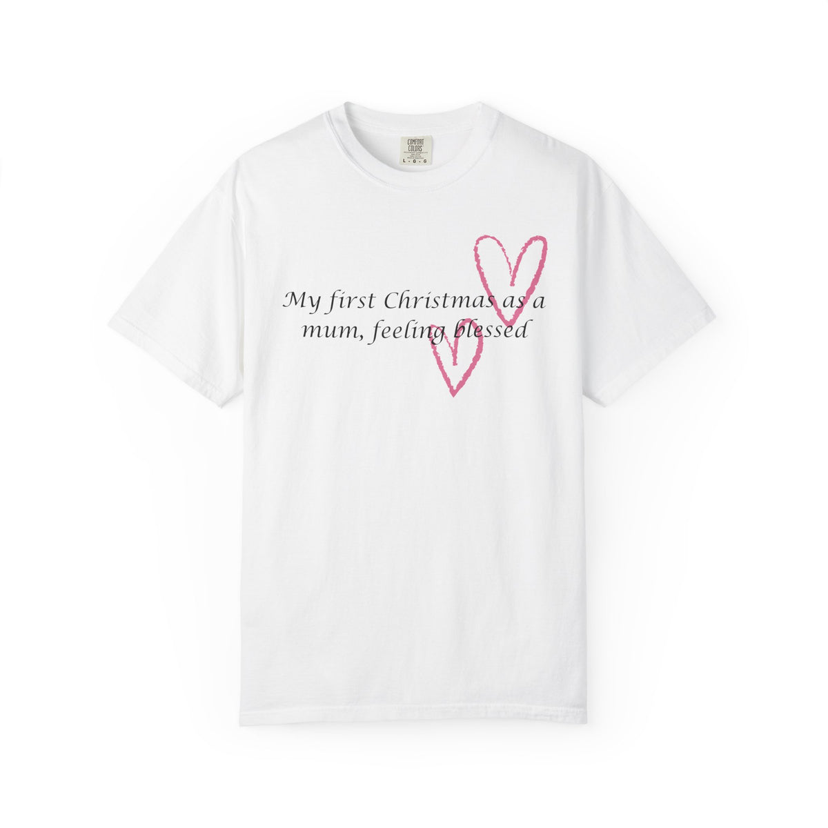 White Christmas mum T-shirt with pink heart graphic and 'My first Christmas as a mum' text