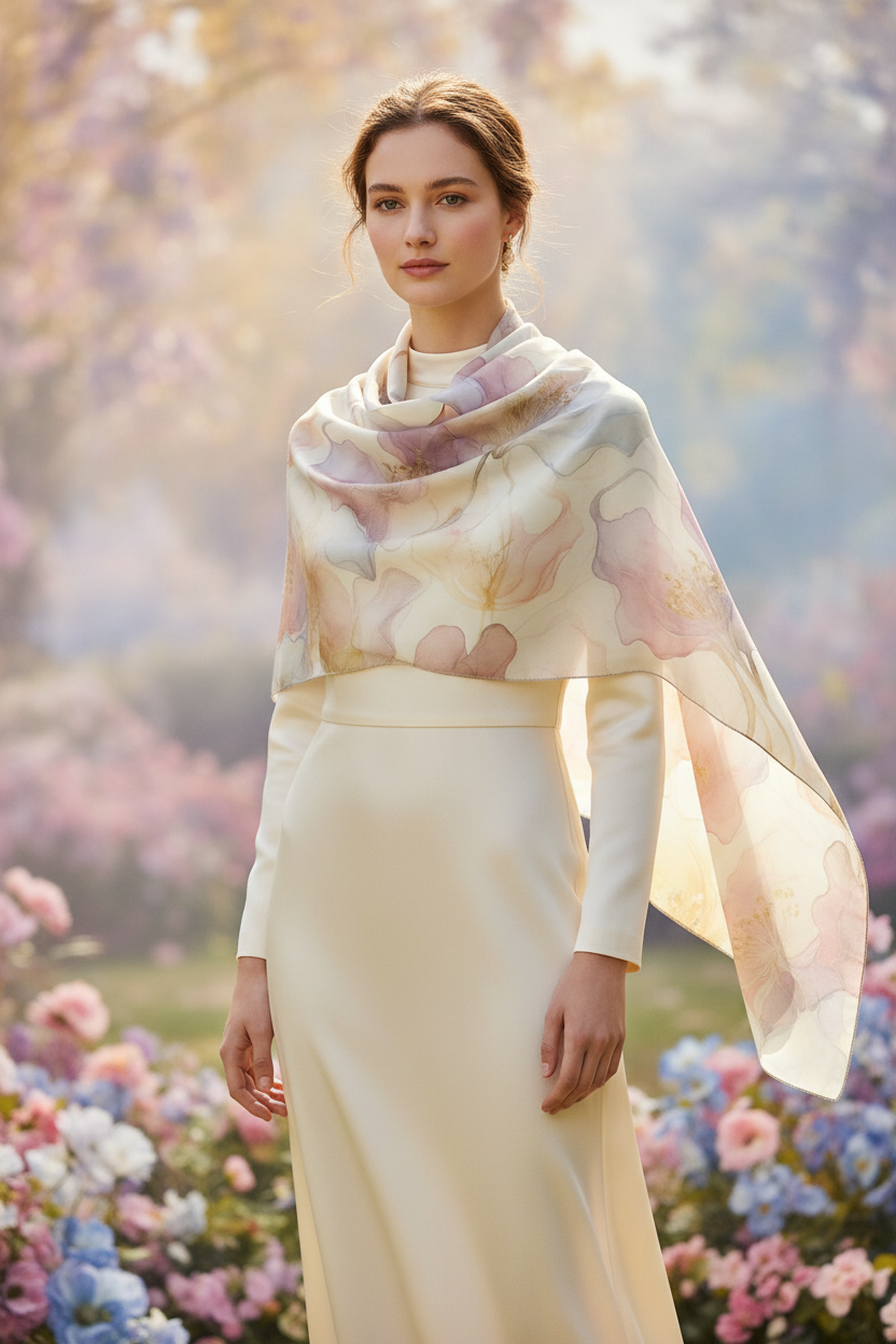Pastel Floral Silk-Look Scarf — Soft Garden Print