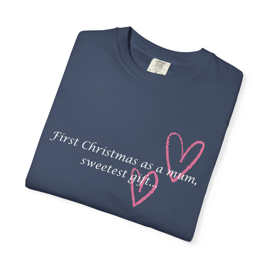 Navy women’s Christmas T-shirt with “First Christmas as a mum, sweetest gift” heart graphic