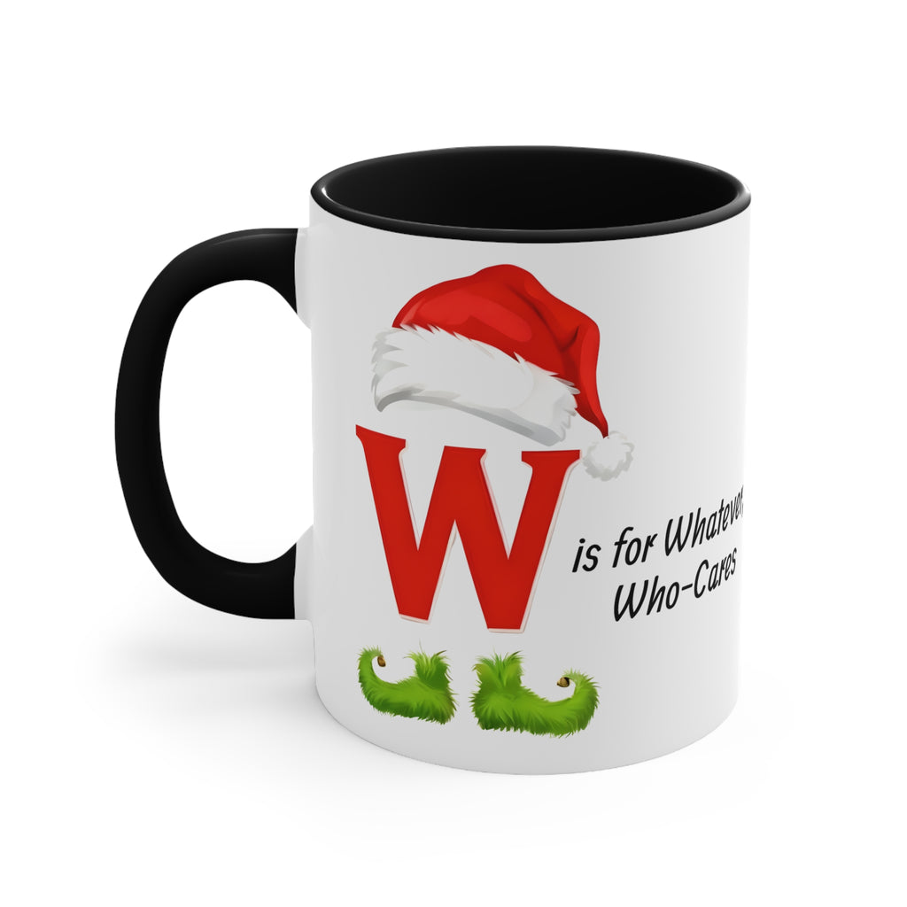 Christmas letter W mug with large red W graphic, red hat, black handle, dark interior