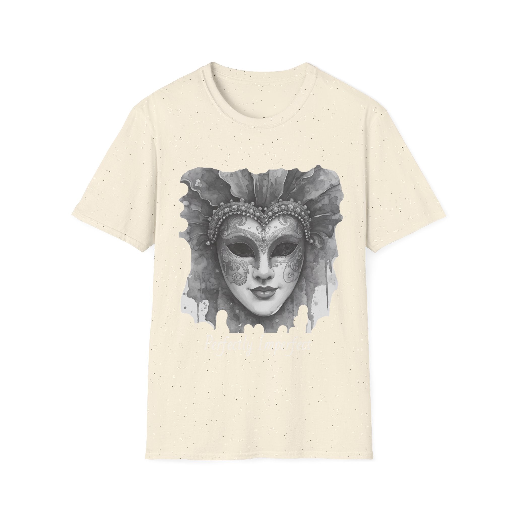 Masquerade face T-shirt in off-white with grayscale mask graphic and “Perfectly Imperfect” text