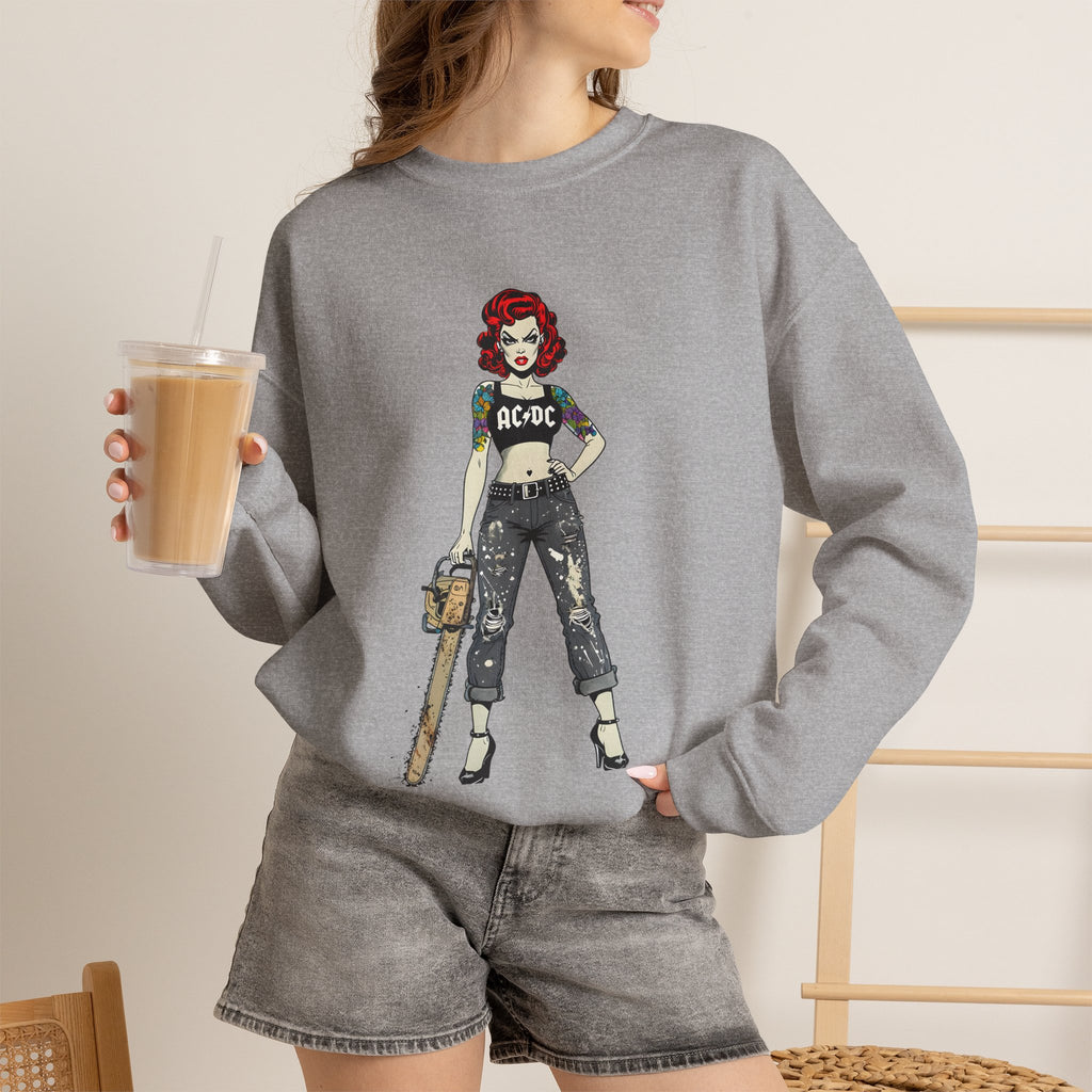 Sport grey crewneck sweatshirt with AC/DC character graphic on front, long sleeves