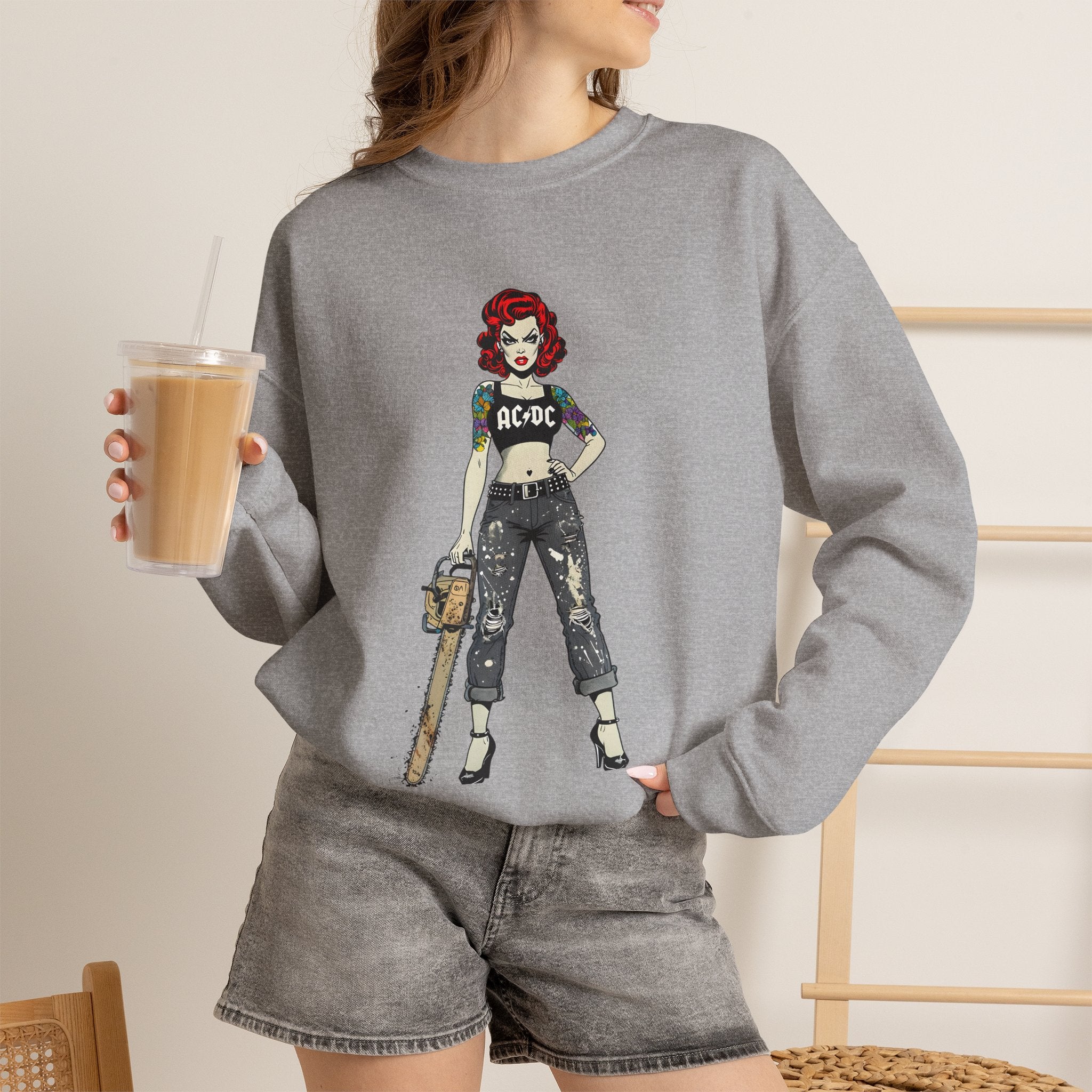 Sport grey crewneck sweatshirt with AC/DC character graphic on front, long sleeves