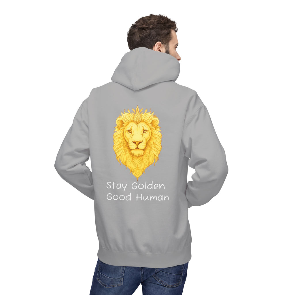 Unisex hoodie heather gray with lion graphic and 'Stay Golden Good Human' on back