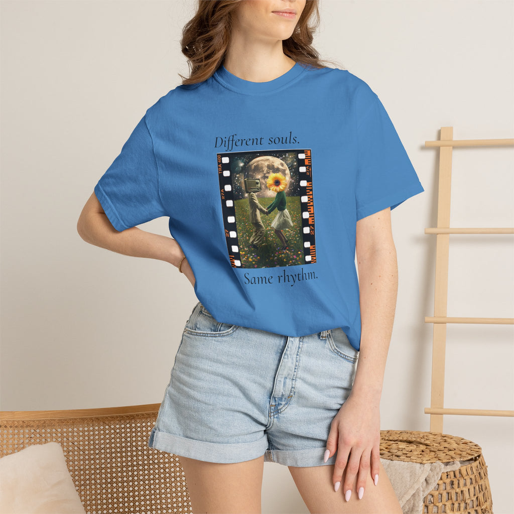 Blue crewneck graphic tee on model, movie-frame artwork with flower
