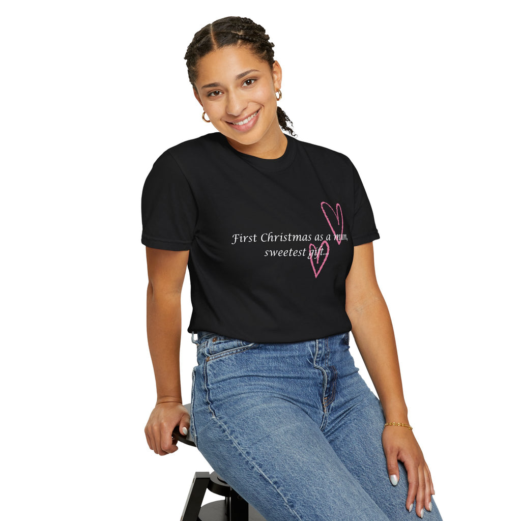 Black crew-neck T-shirt with pink 'First Christmas as a mum' text and heart graphic