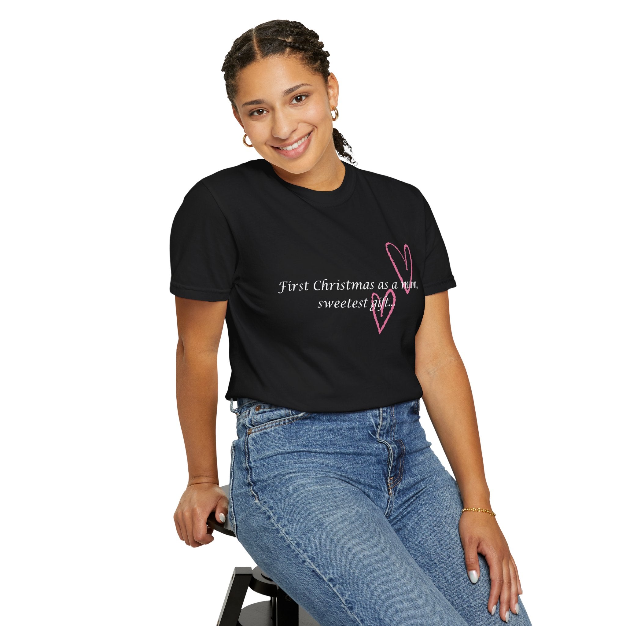 Black crew-neck T-shirt with pink 'First Christmas as a mum' text and heart graphic