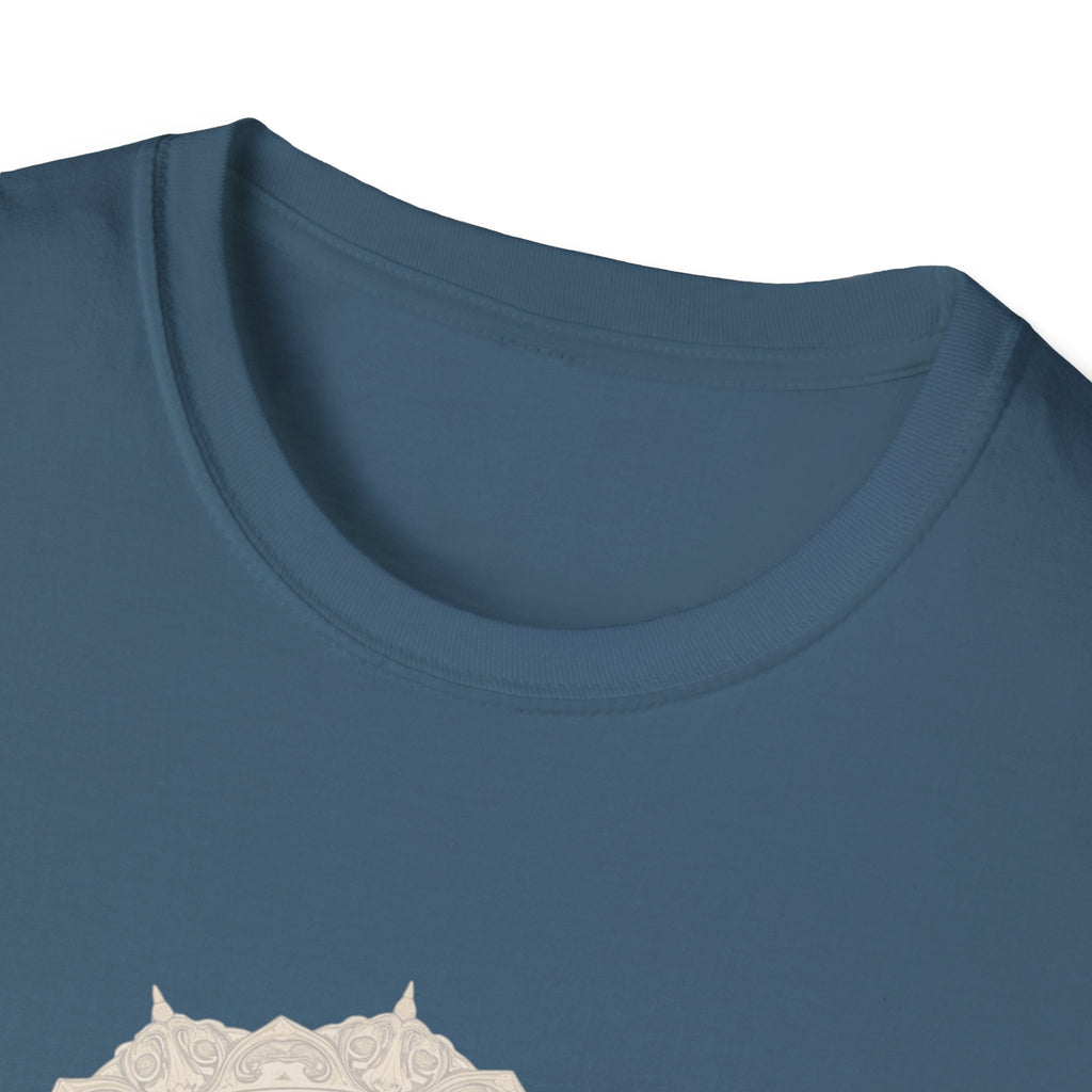 Blue crewneck T-shirt, close-up of neckline