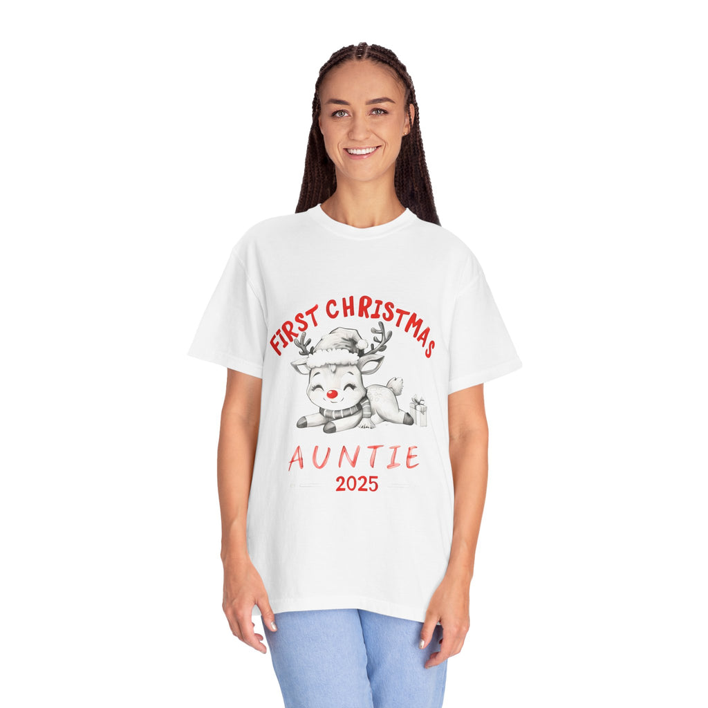 White Christmas auntie T-shirt on model, front view with reindeer and red "2025" text