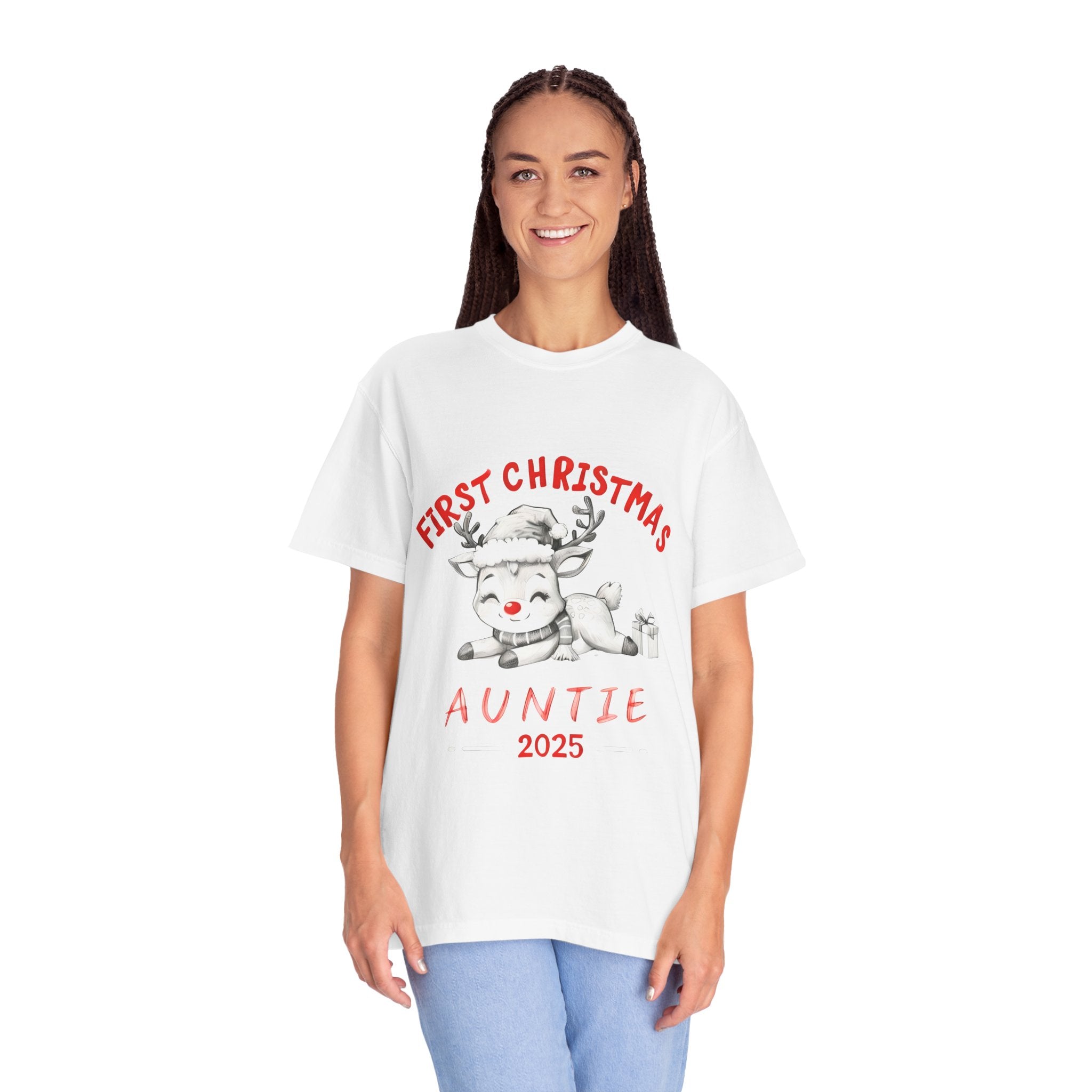 White Christmas auntie T-shirt on model, front view with reindeer and red "2025" text