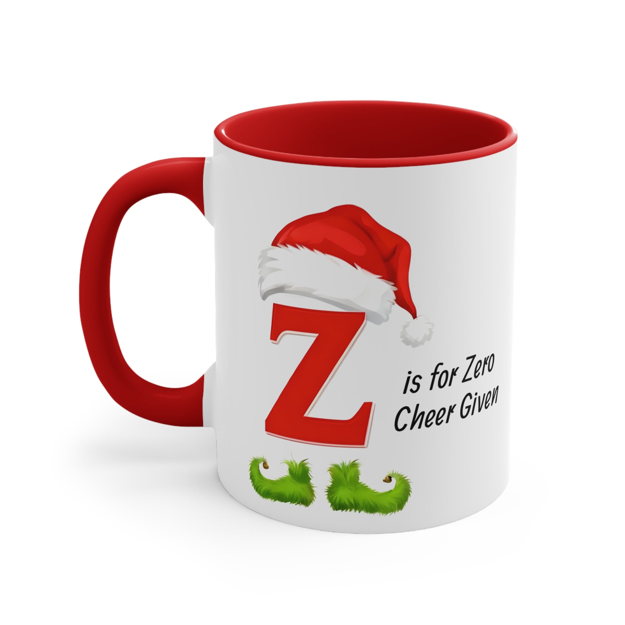 White mug with red handle and interior, letter Z with Santa hat and green mustaches