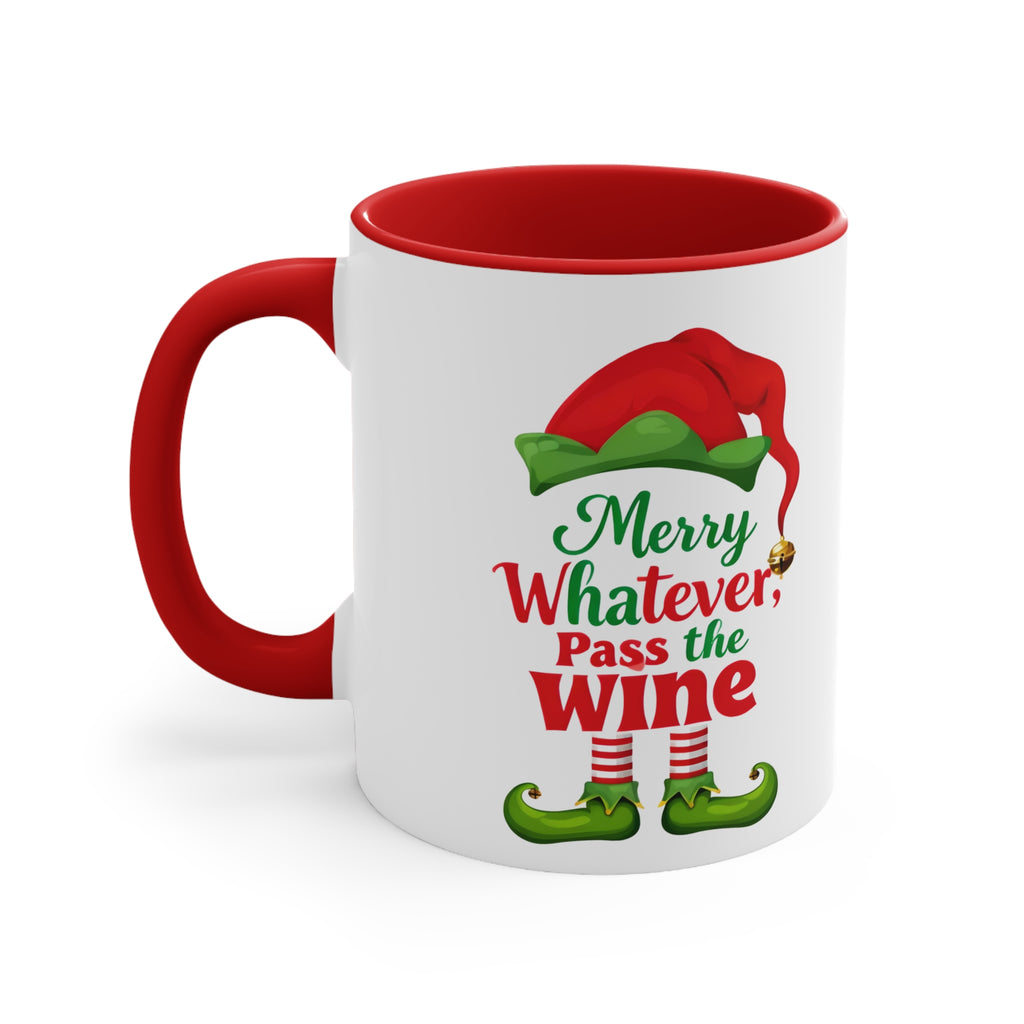 Red coffee mug with Christmas elf graphic and “Merry Whatever, Pass the Wine”