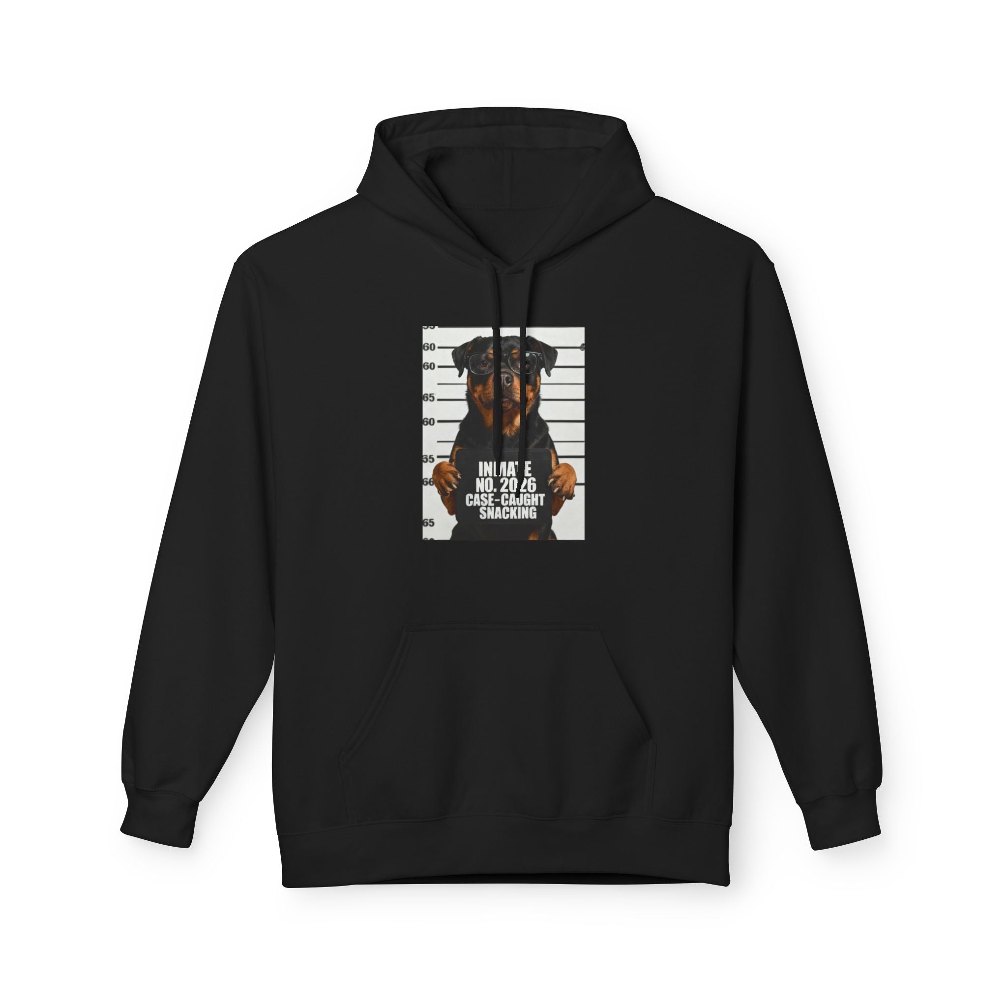 Black hoodie with front rottweiler graphic print and kangaroo-style text