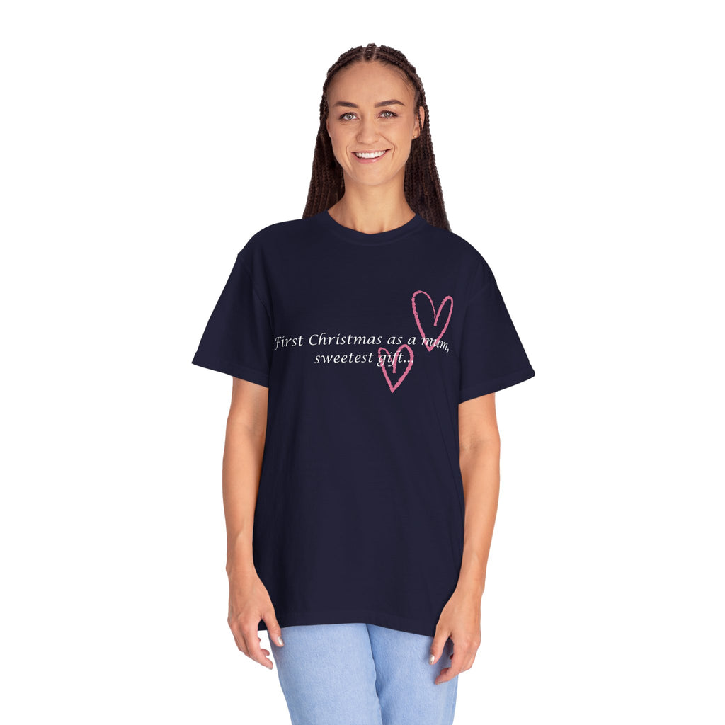 Dark navy Christmas mum T-shirt with pink heart graphic and 'sweetest gift' text