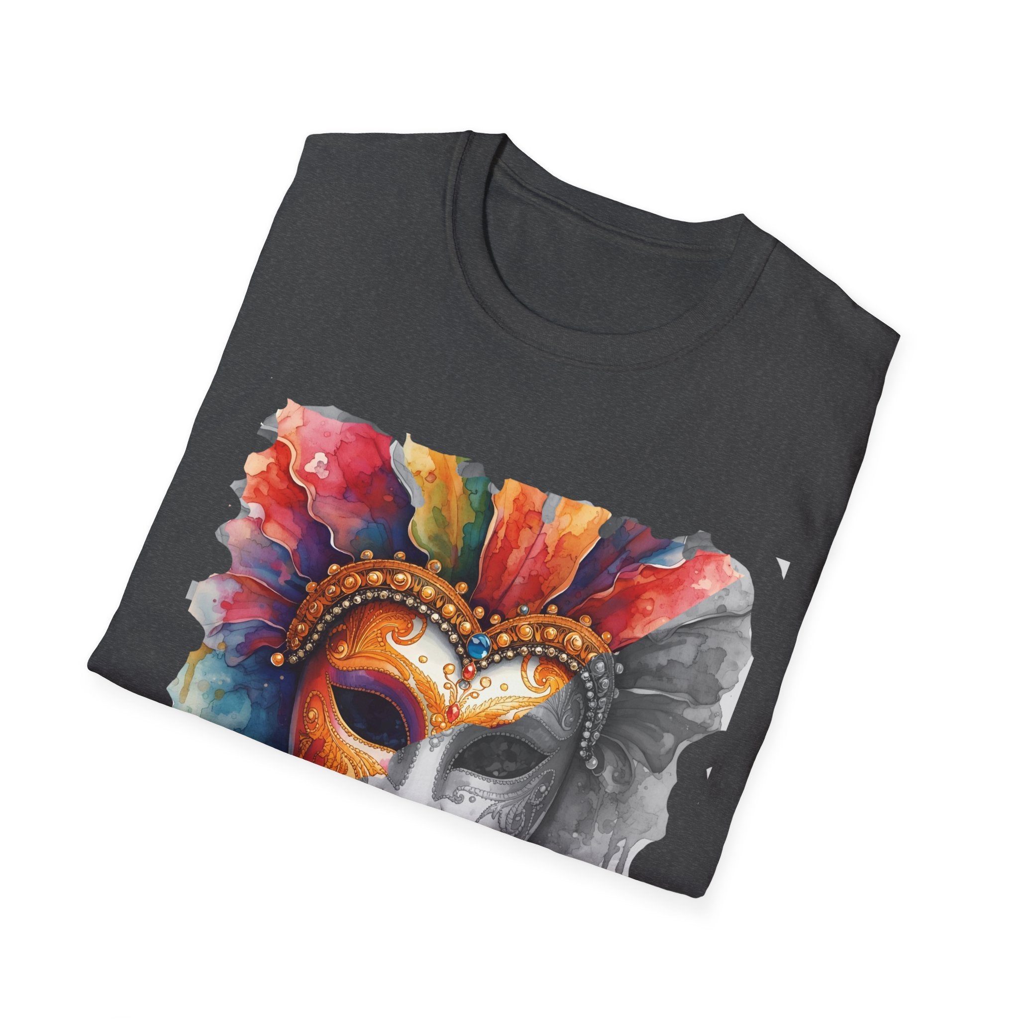 Charcoal face mask graphic T-shirt with watercolor masquerade mask art on chest
