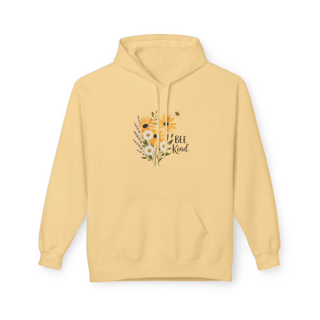 Sand floral bee hoodie front view with kangaroo pocket and drawstring hood