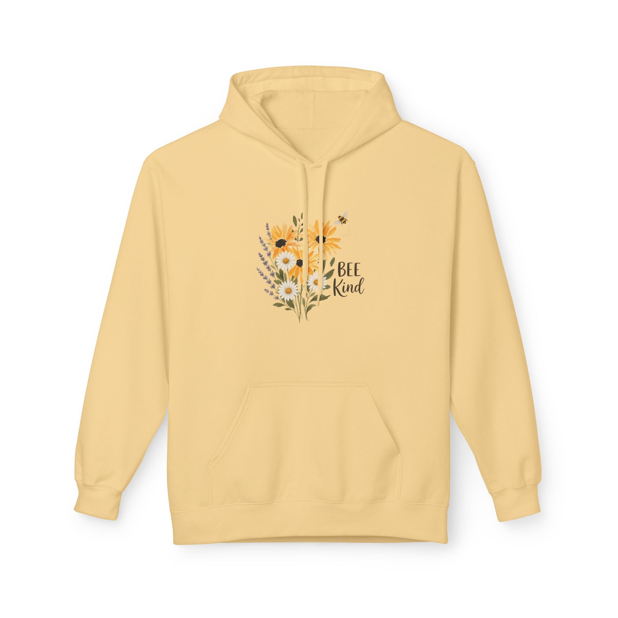 Sand floral bee hoodie front view with kangaroo pocket and drawstring hood