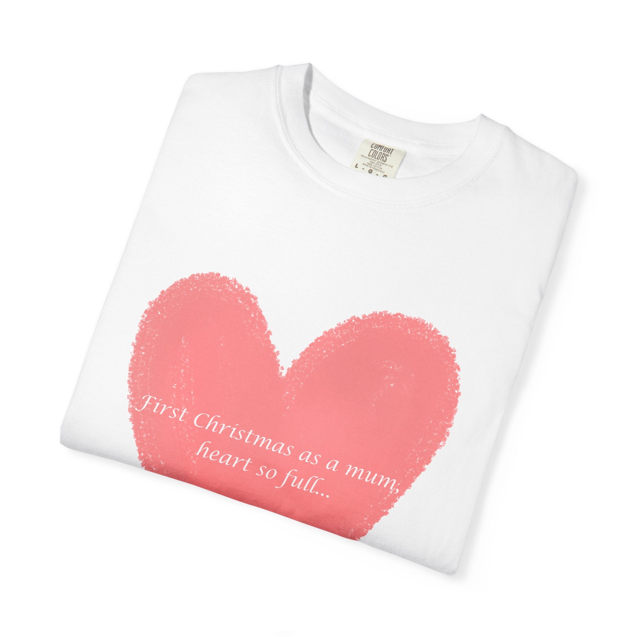 White T-shirt with pink/red heart brushstroke graphic and cursive holiday message