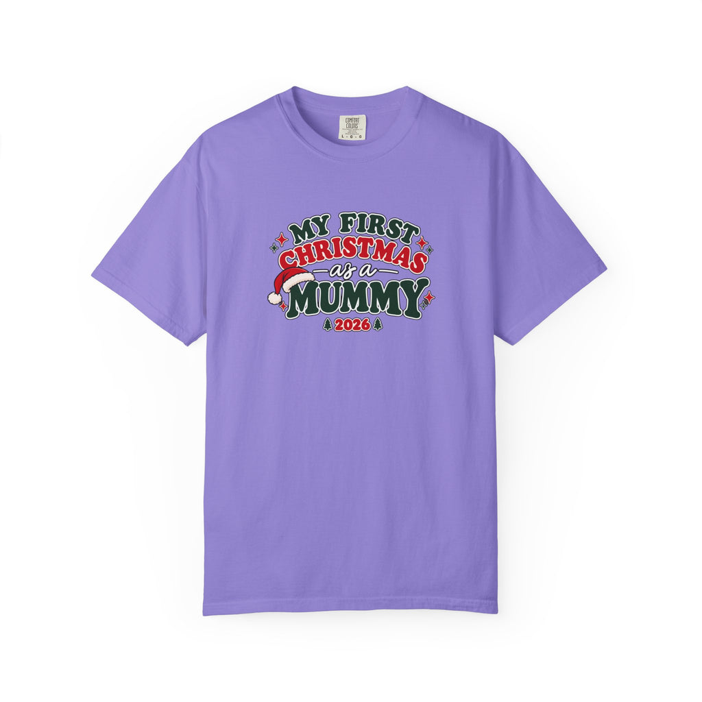 Violet T-shirt with 'My First Christmas as a Mummy 2026' colorful graphic