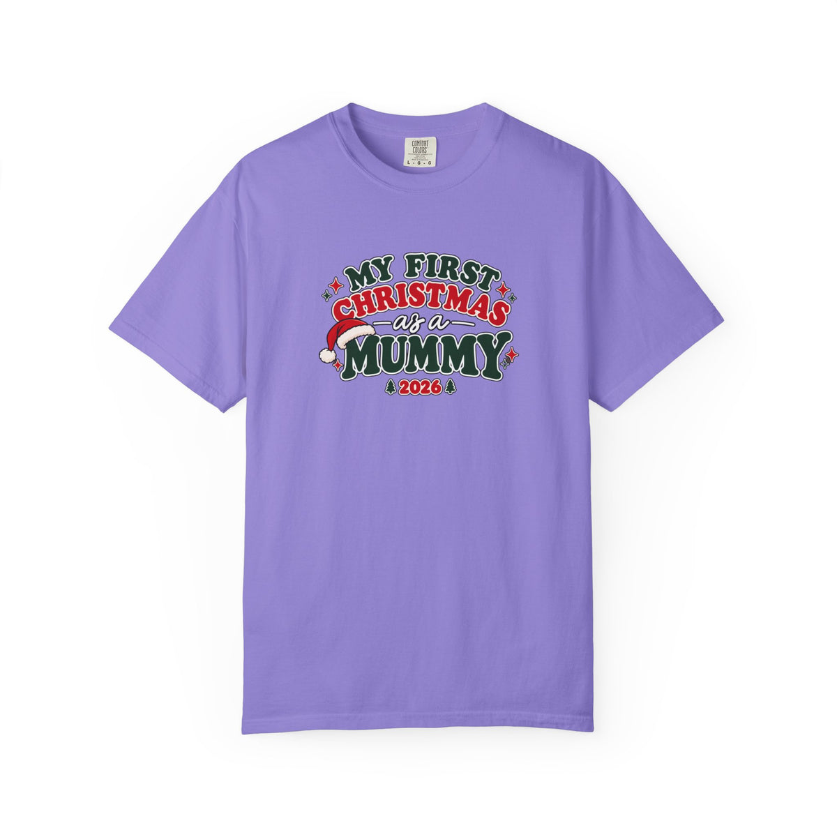 Violet T-shirt with 'My First Christmas as a Mummy 2026' colorful graphic