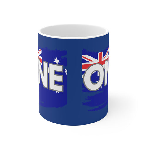 Blue ceramic coffee mug with 'ONE' Australia flag map design and white rim