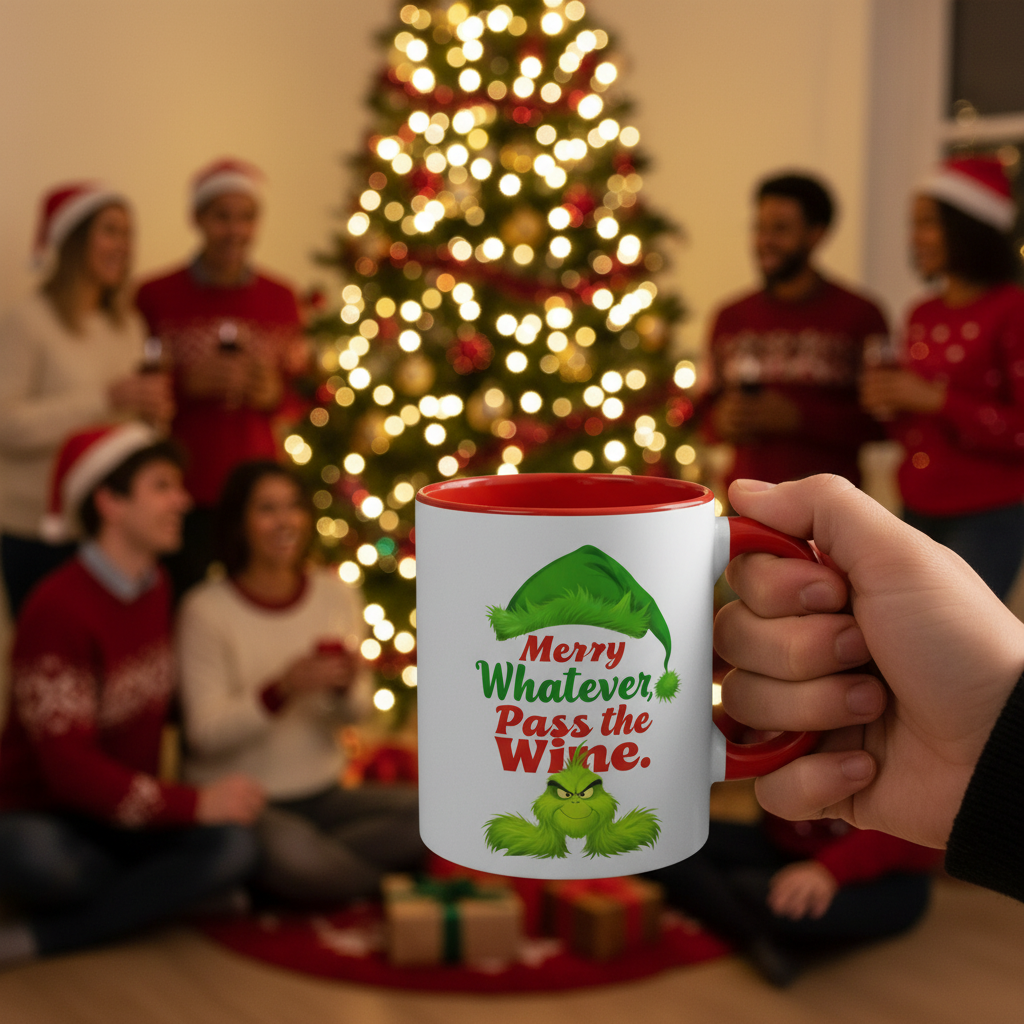 White mug with red rim and handle, green holiday character, 'Merry Whatever Pass the Wine.'