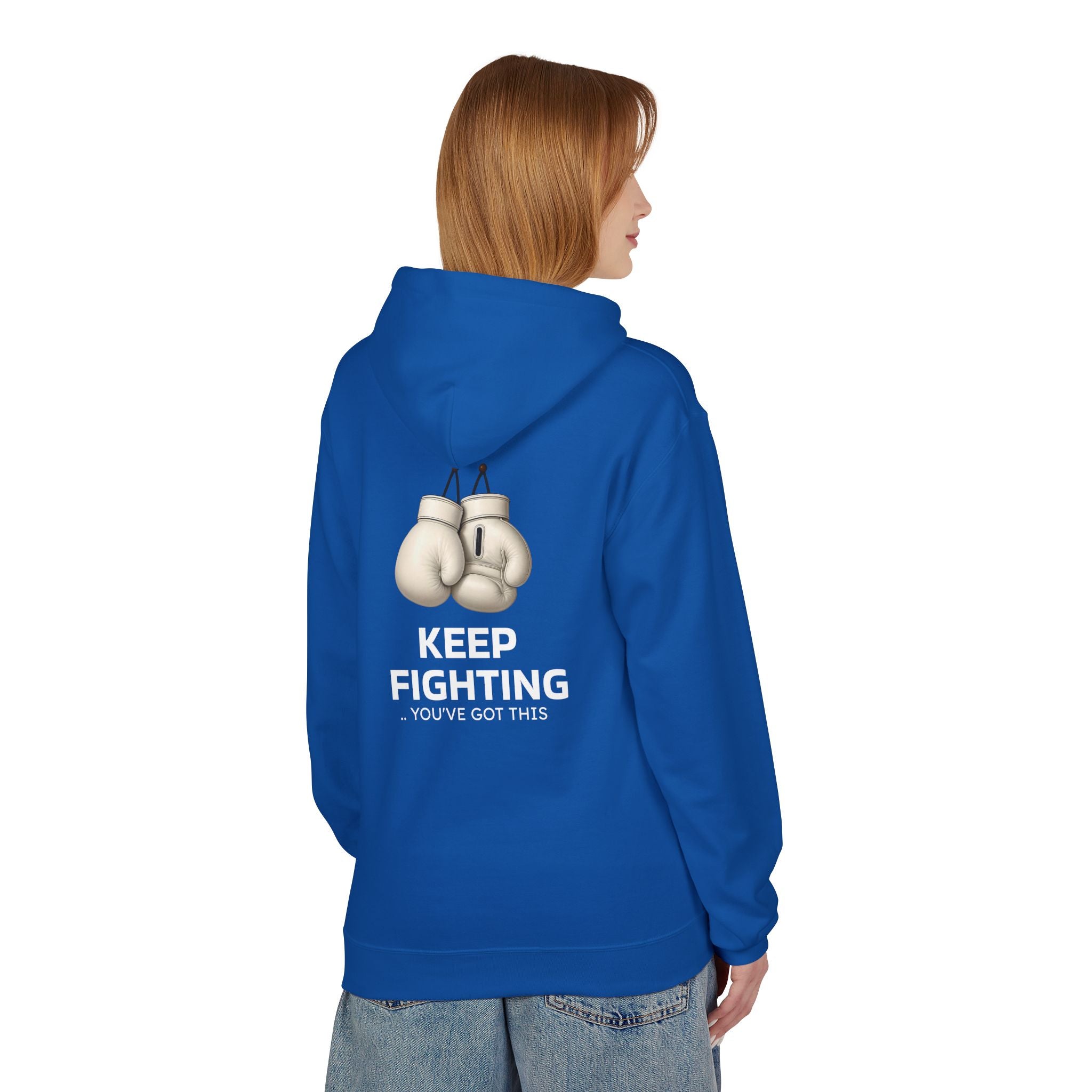 Blue pullover hoodie back view with KEEP FIGHTING slogan and boxing gloves graphic.