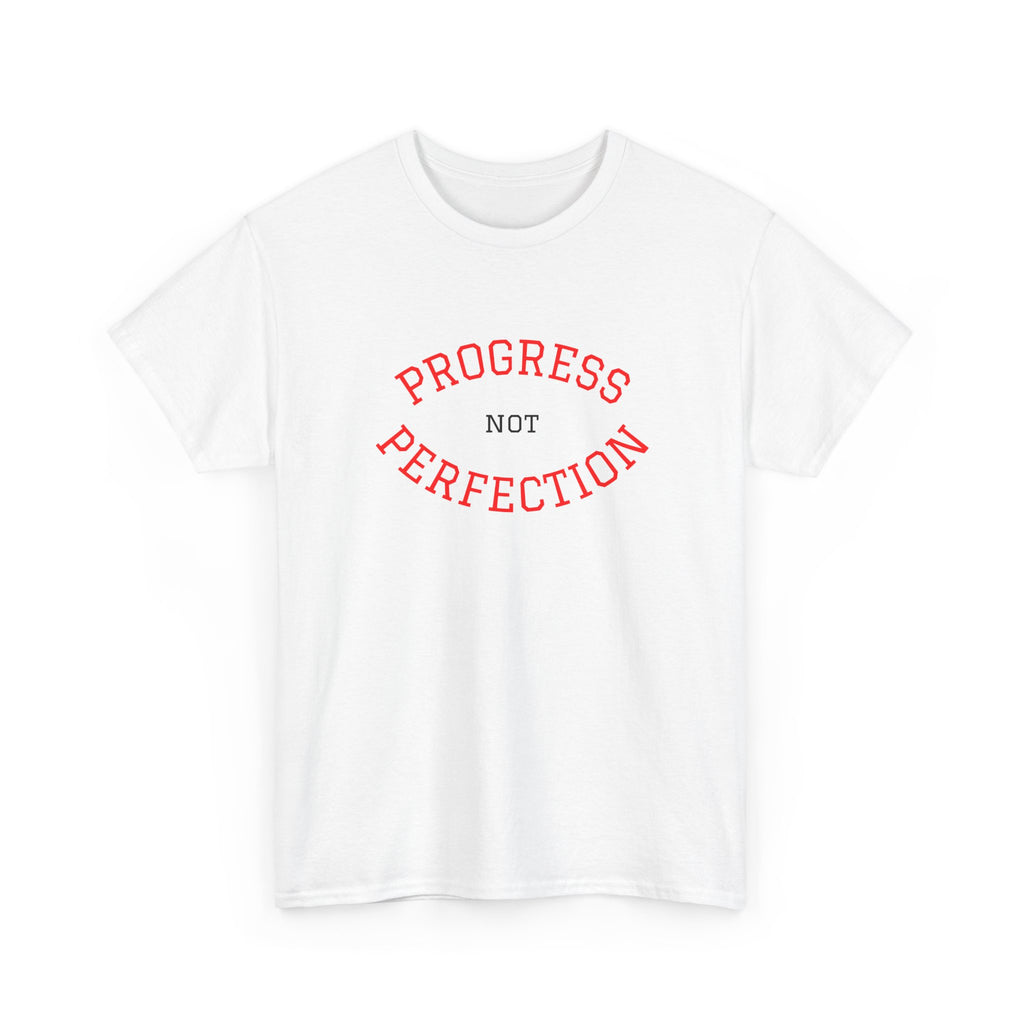 White unisex cotton tee with red "PROGRESS" and "PERFECTION" slogan graphic